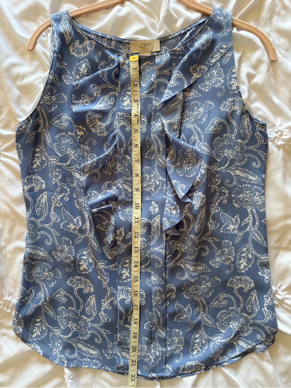 LOFT Blue Floral Ruffle Sleeveless Top